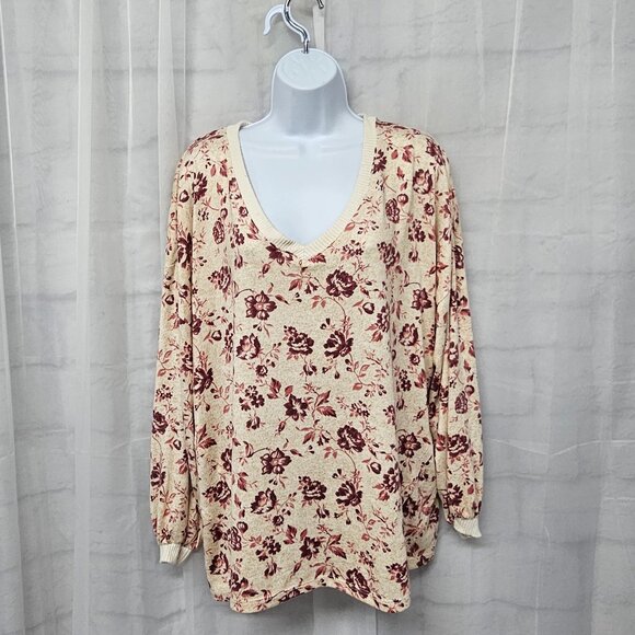 C&C California Pink Cream Floral V-neck Sweater Lightweight Cottage 2X - Picture 1 of 11
